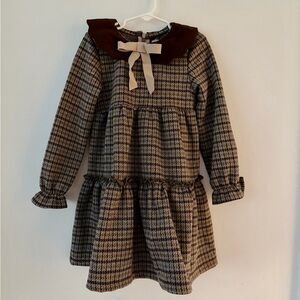 Girls' Houndstooth- Plaid Long-Sleeve Dress with Peter Pan Collar: Size 4T